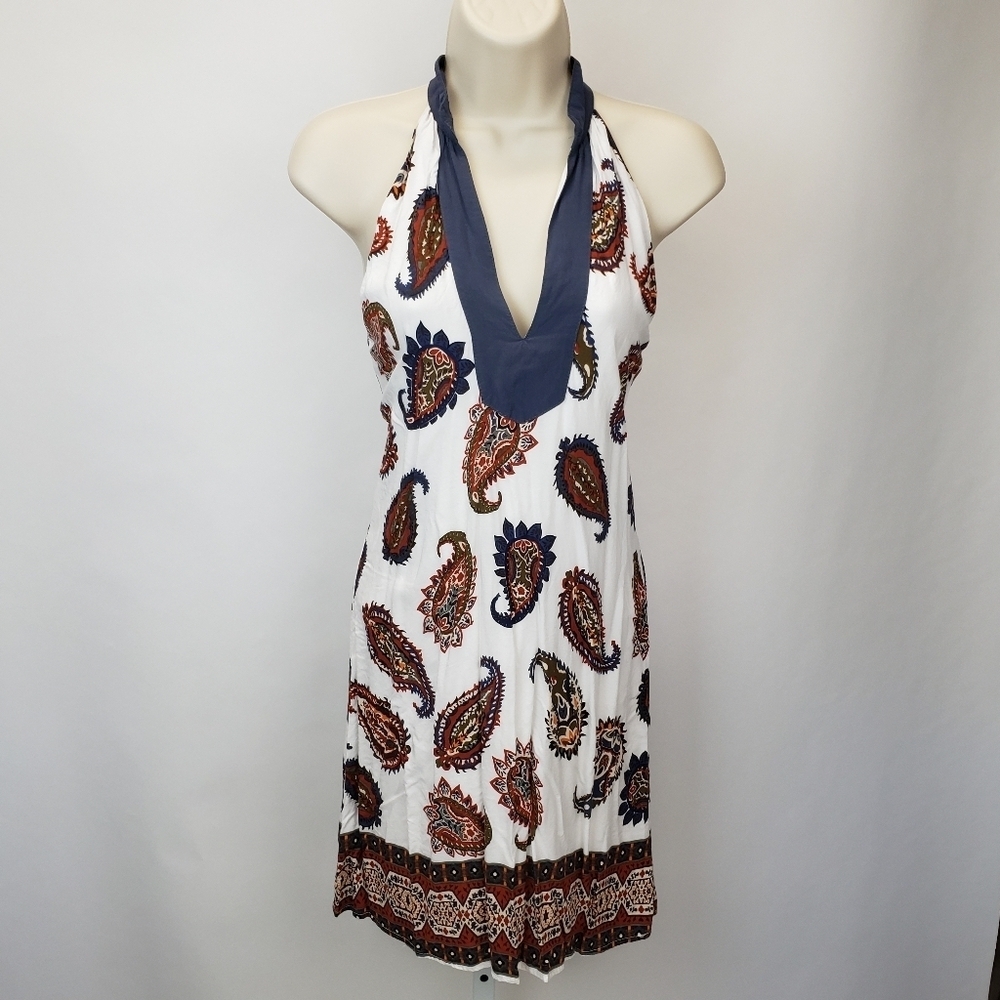 THML ANTHRO Halter neck dress white navy boho indie beach resort size small